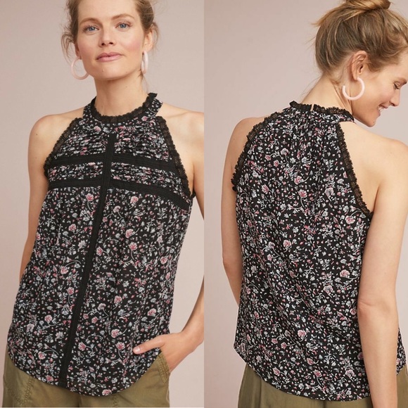 Anthropologie Tops - Anthropologie Women's Lace Ruffle High Neck Sleeveless Pink Floral Blouse